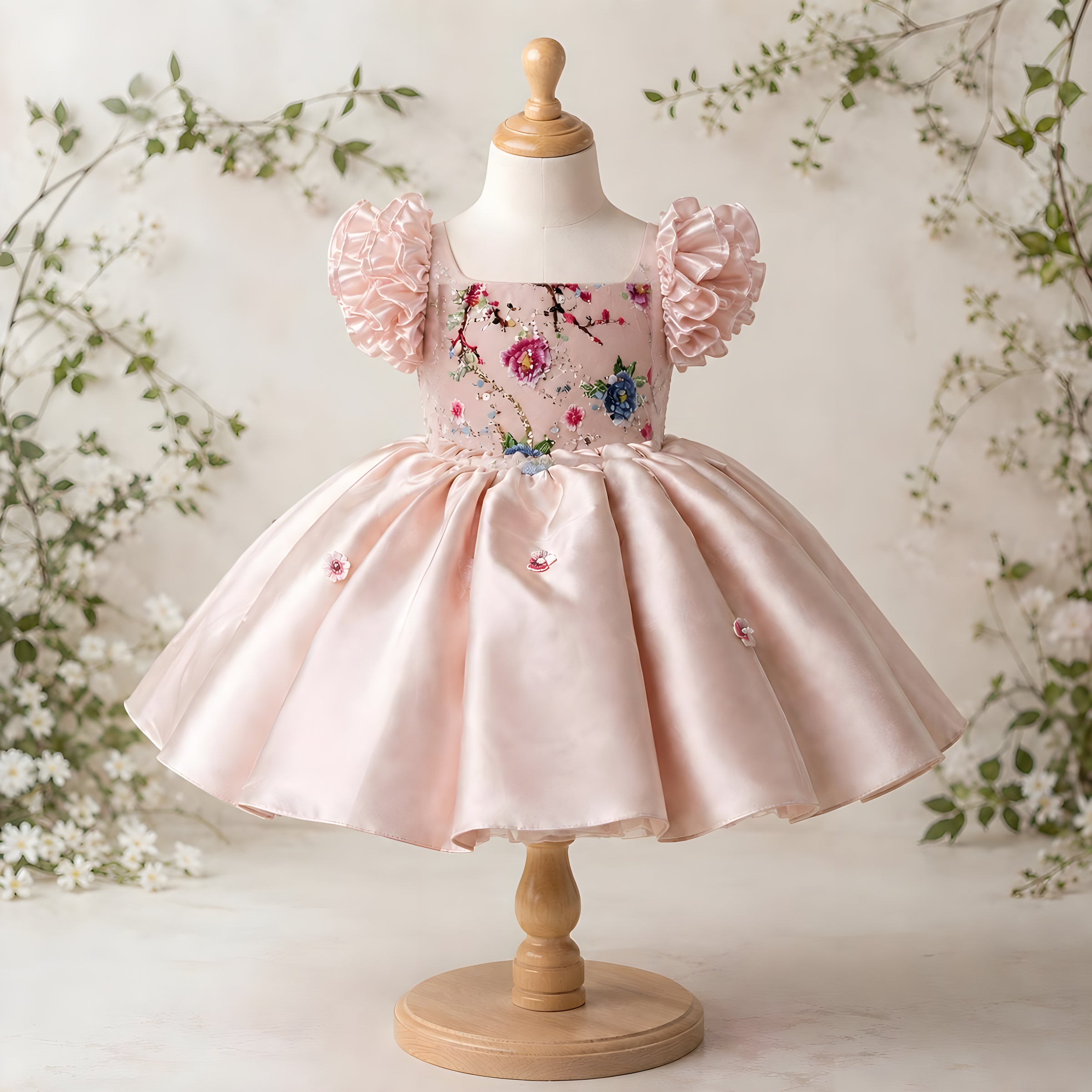 Girls Dusty Pink Embroidered Satin Flower Girl Dress - Birthday, Pageant & Special Occasions