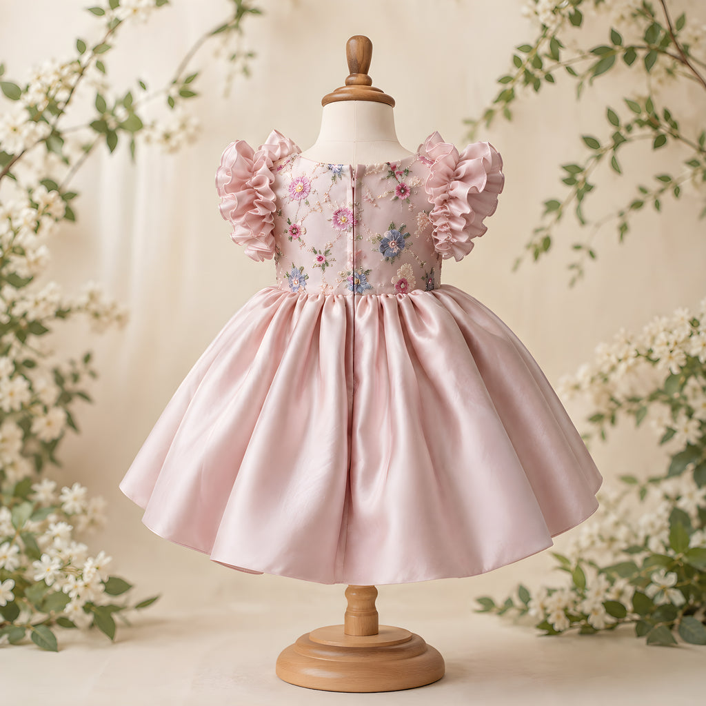 Girls Dusty Pink Embroidered Satin Flower Girl Dress - Birthday, Pageant & Special Occasions