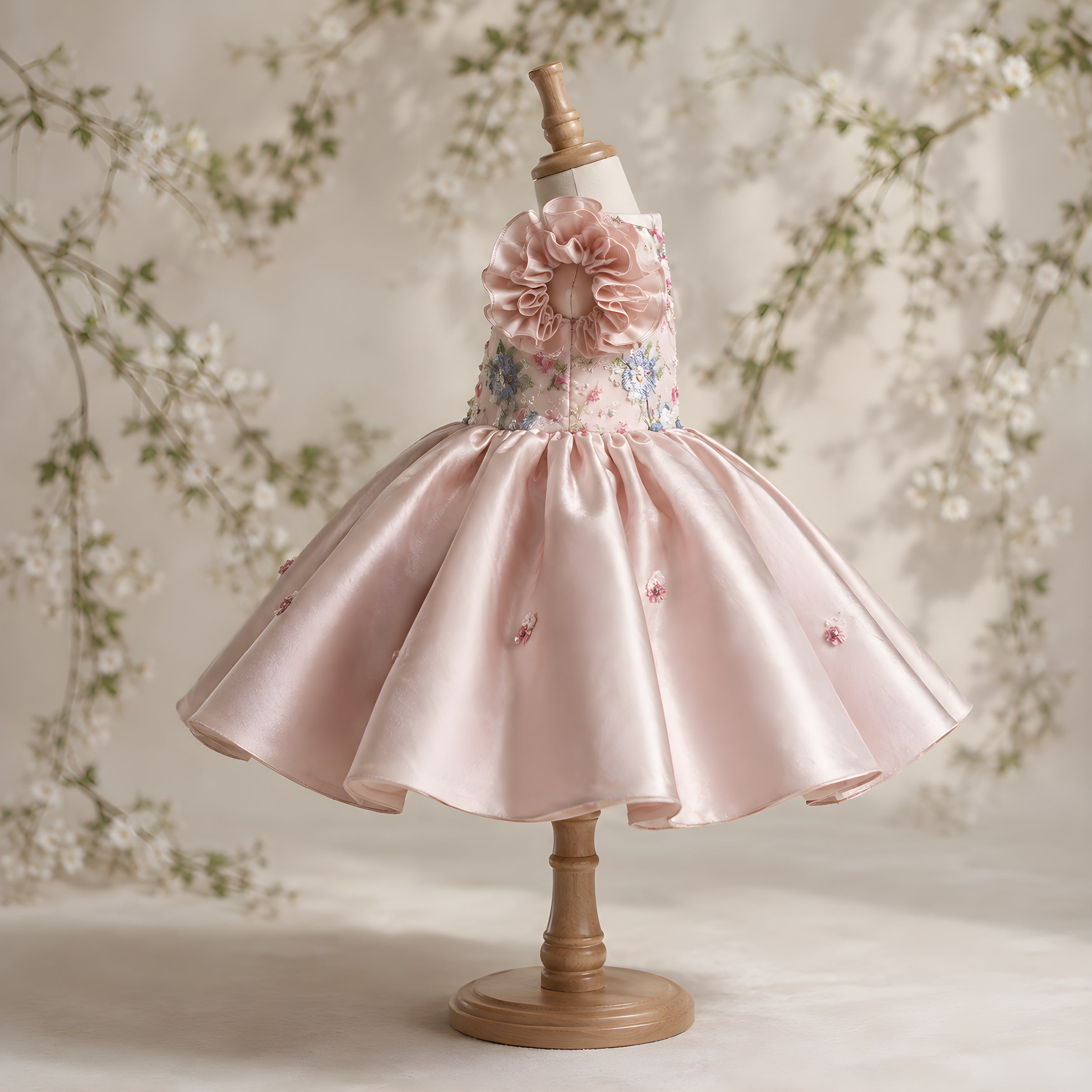 Girls Dusty Pink Embroidered Satin Flower Girl Dress - Birthday, Pageant & Special Occasions