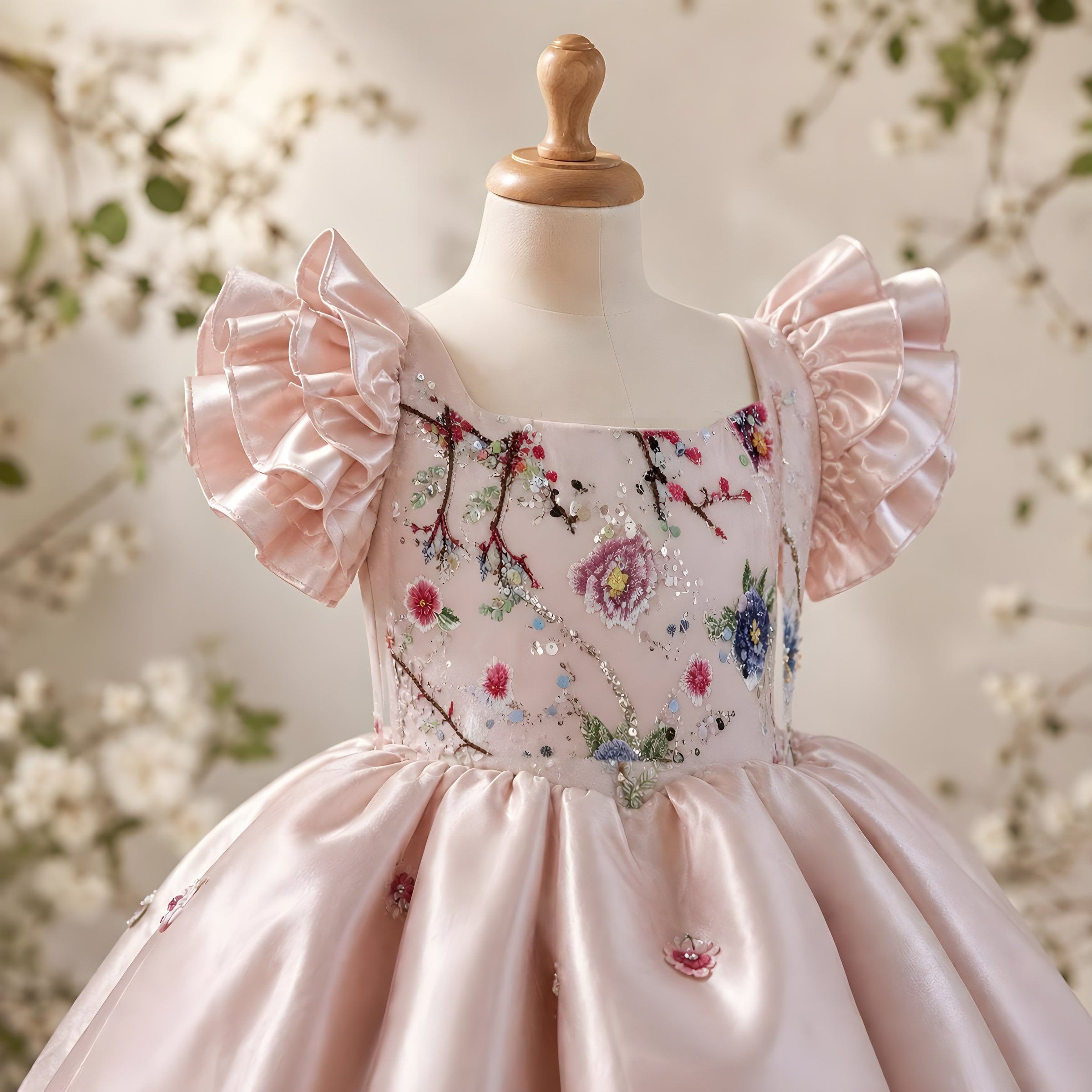 Girls Dusty Pink Embroidered Satin Flower Girl Dress - Birthday, Pageant & Special Occasions