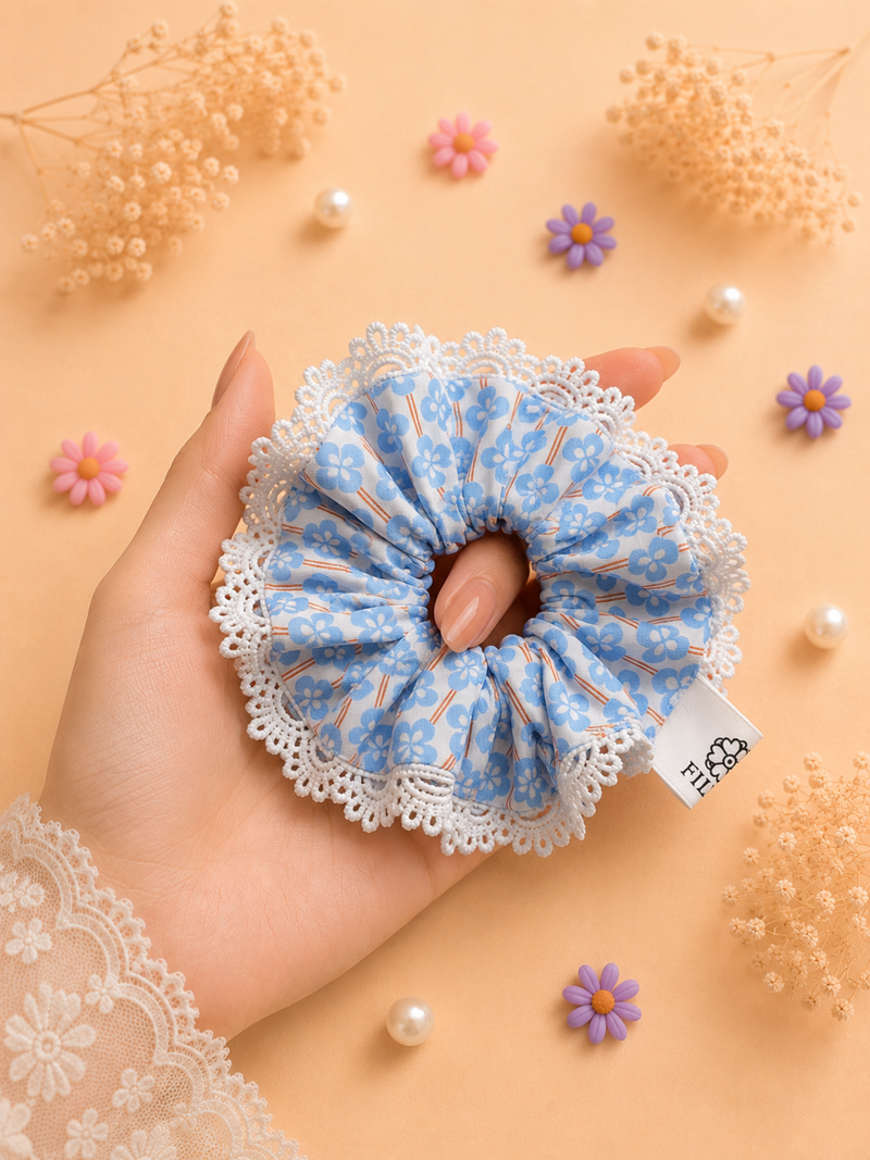 Blue Daisy 100% Cotton Scrunchie in Liberty Fabric