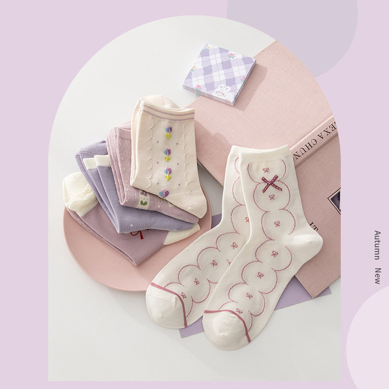 Miss June’s | Set of 5 pairs cotton socks | Cute | Pink | daily | Patterned | Designed | Women | Gift Idea | Casual | Stylish | Comfortable