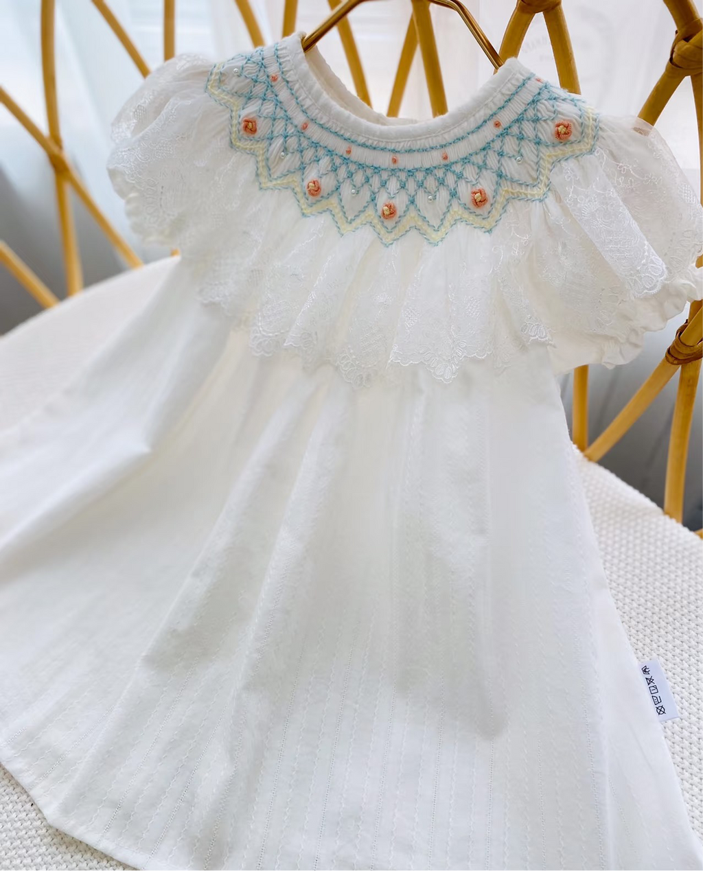 Hand-Smocked Embroidered White Dress