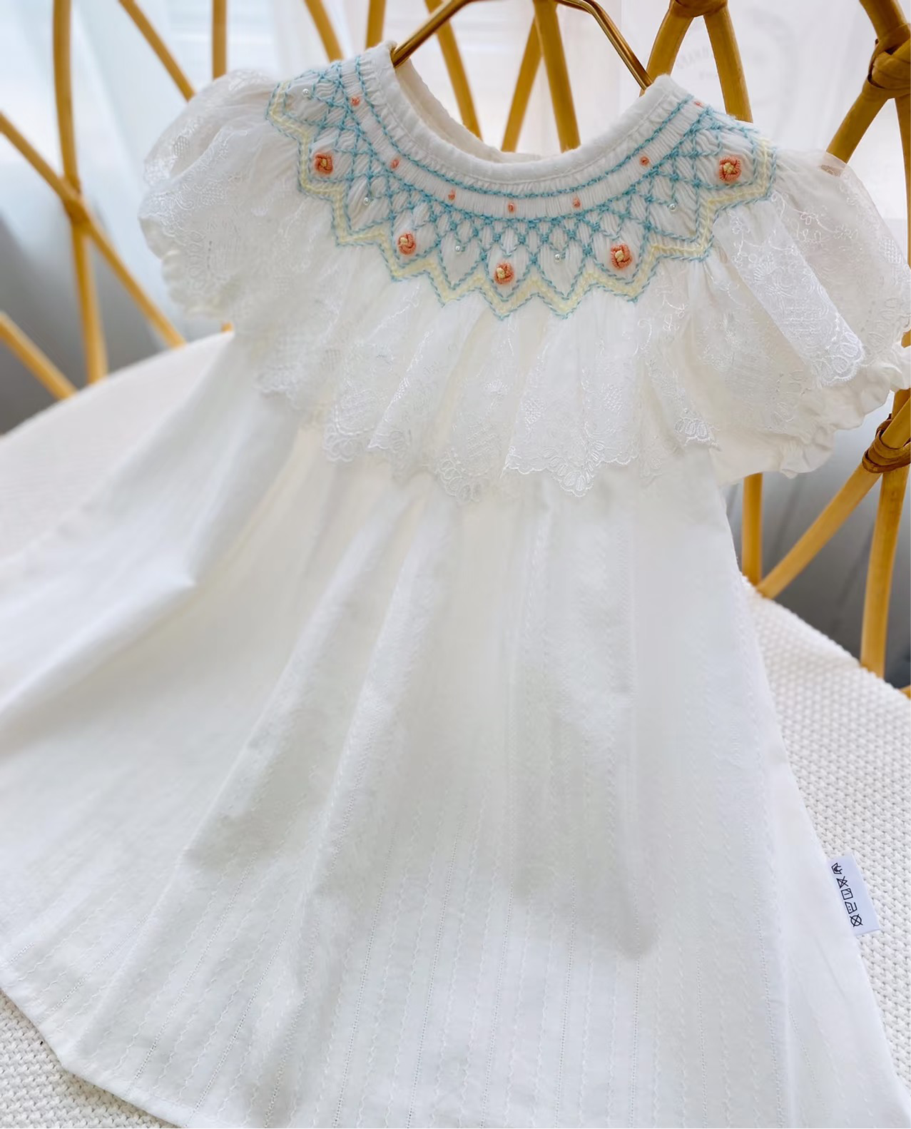 Hand-Smocked Embroidered White Dress