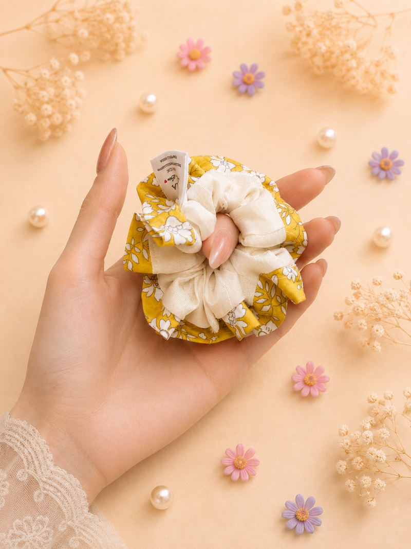 Mustard Floral 100% Cotton Scrunchie in Liberty Fabric
