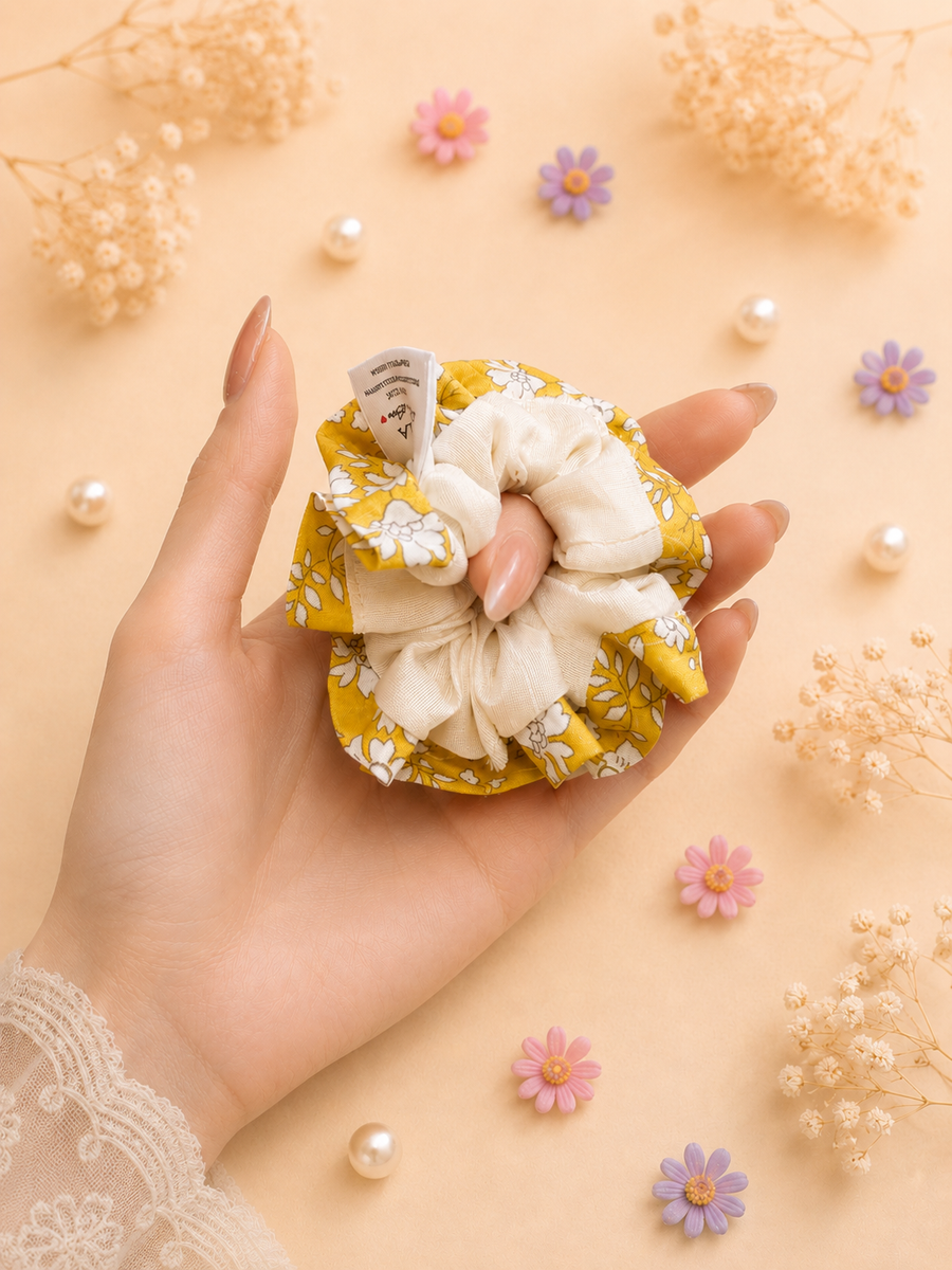 Mustard Floral 100% Cotton Scrunchie in Liberty Fabric
