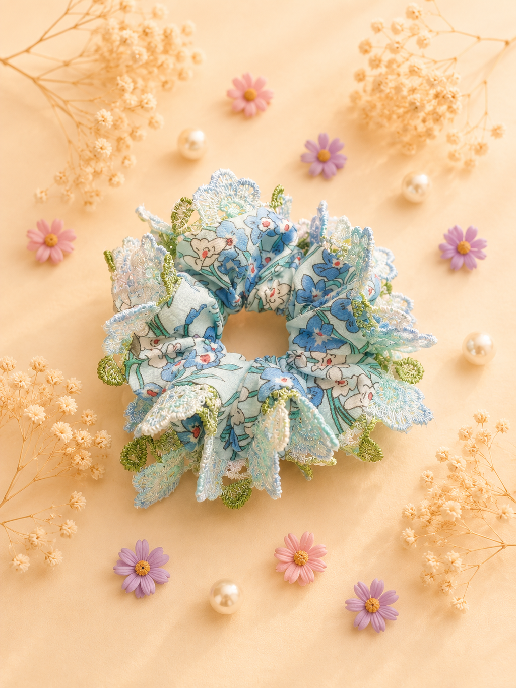 Blue Floral Lace Scrunchie