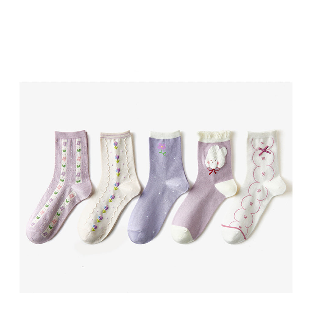 Miss June’s | Set of 5 pairs cotton socks | Cute | Pink | daily | Patterned | Designed | Women | Gift Idea | Casual | Stylish | Comfortable