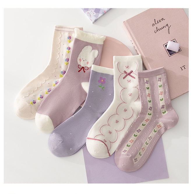 Miss June’s | Set of 5 pairs cotton socks | Cute | Pink | daily | Patterned | Designed | Women | Gift Idea | Casual | Stylish | Comfortable
