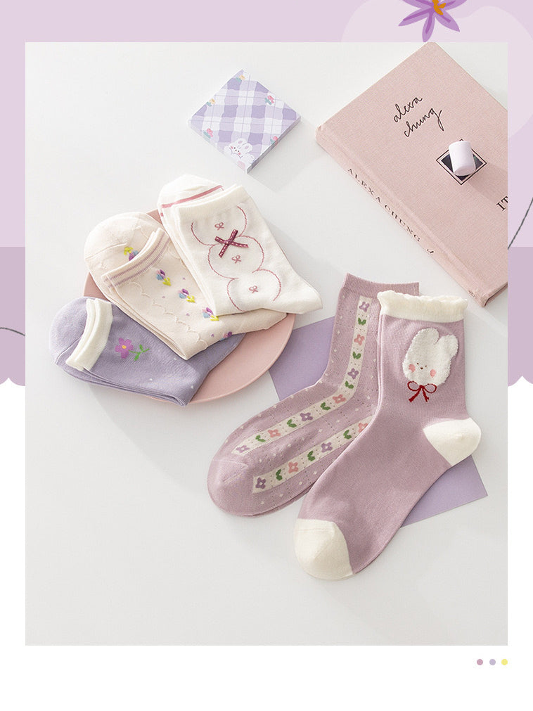 Miss June’s | Set of 5 pairs cotton socks | Cute | Pink | daily | Patterned | Designed | Women | Gift Idea | Casual | Stylish | Comfortable