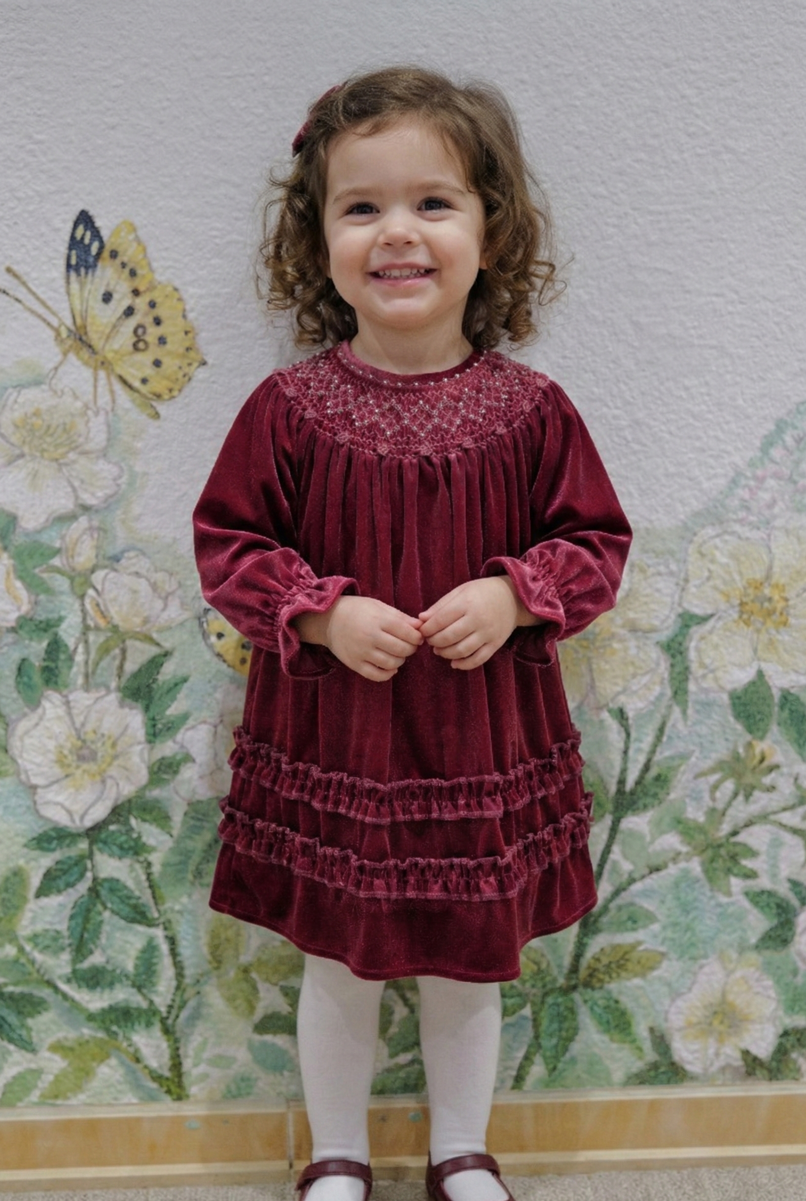 Girls' Smocked Dress with Hand-Embroidered Bullion Roses