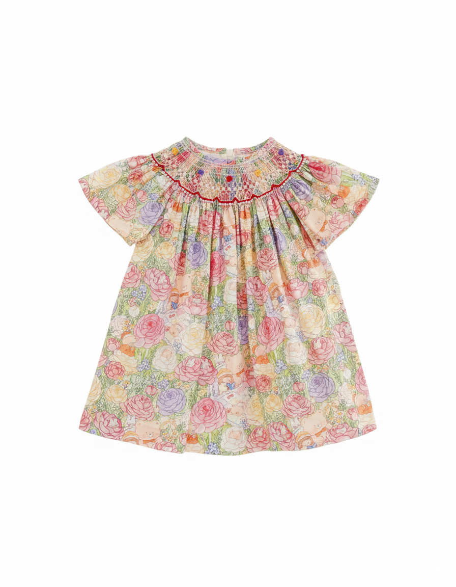 Baby Girl Floral Smocked Dress – Handcrafted Embroidery, Summer Short Sleeve Dress