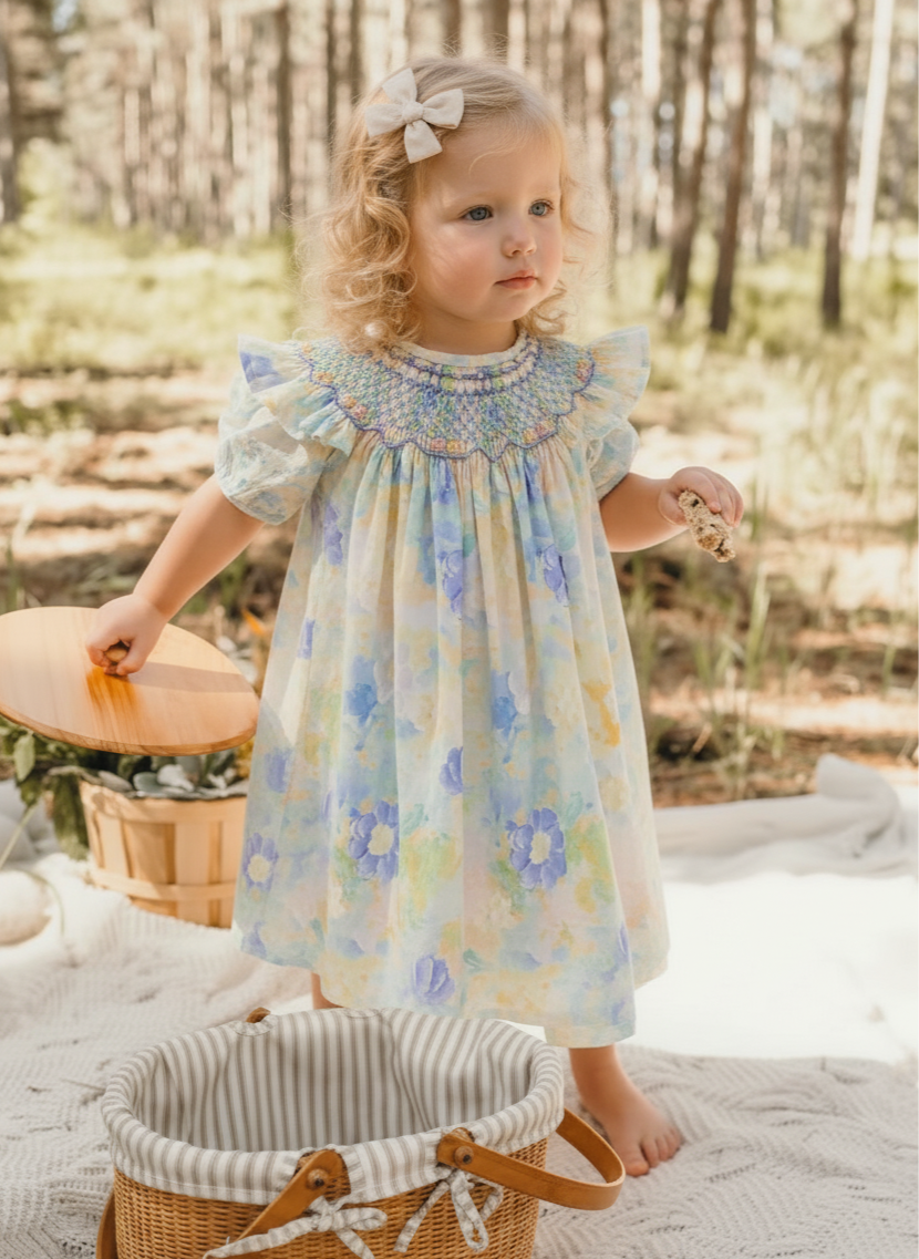 Hand-Embroidered Smocked Dress – Pastel Meadow
