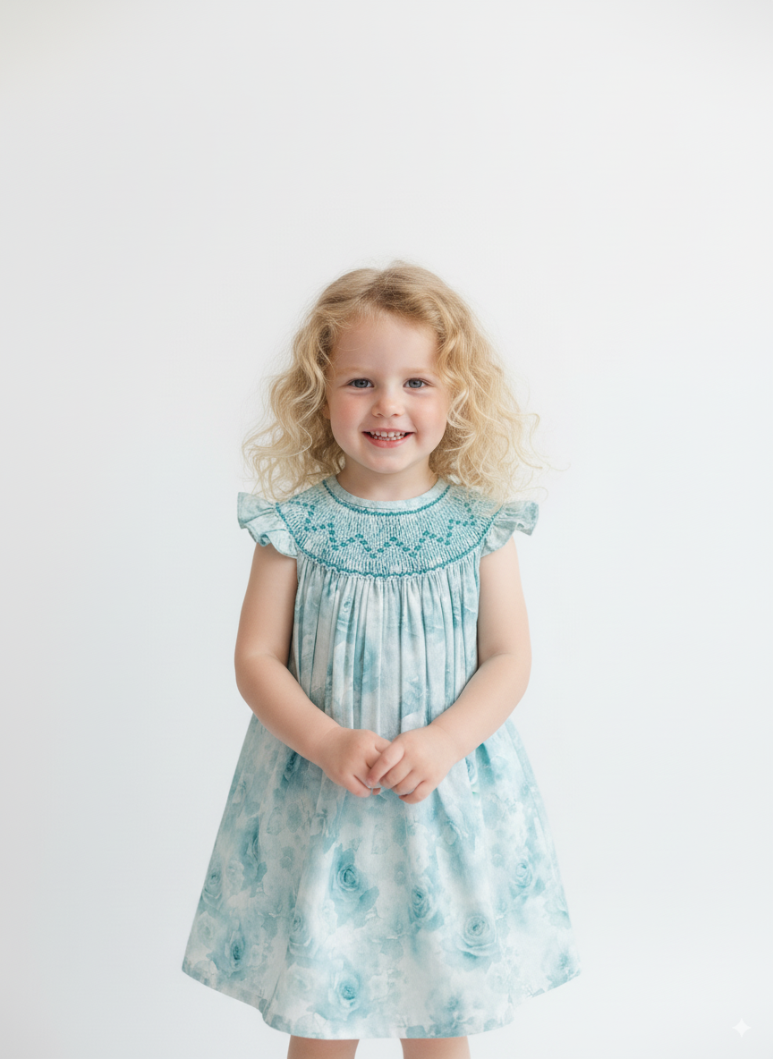 Ocean Bloom Smocked Dress – Hand Embroidered