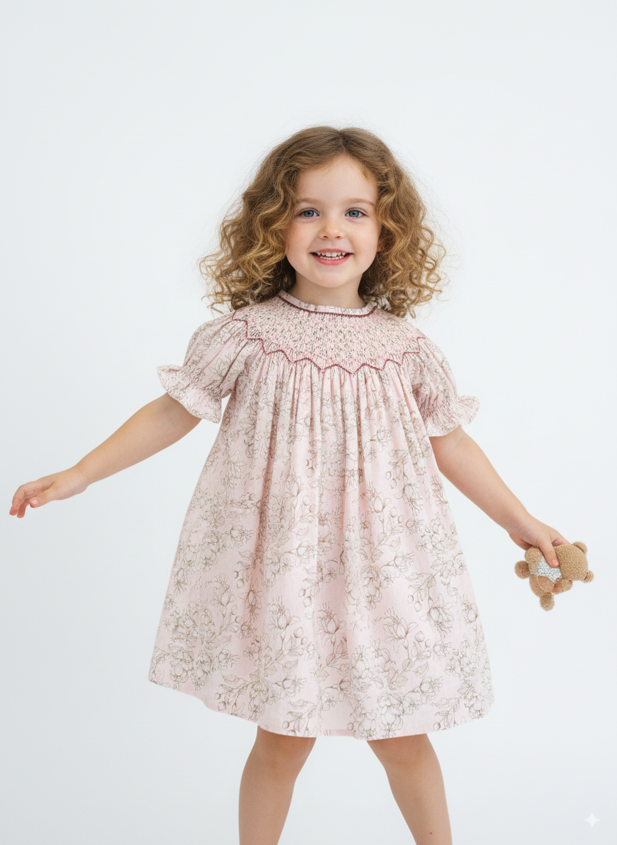 Blush Meadow Smocked Dress – Hand Embroidered