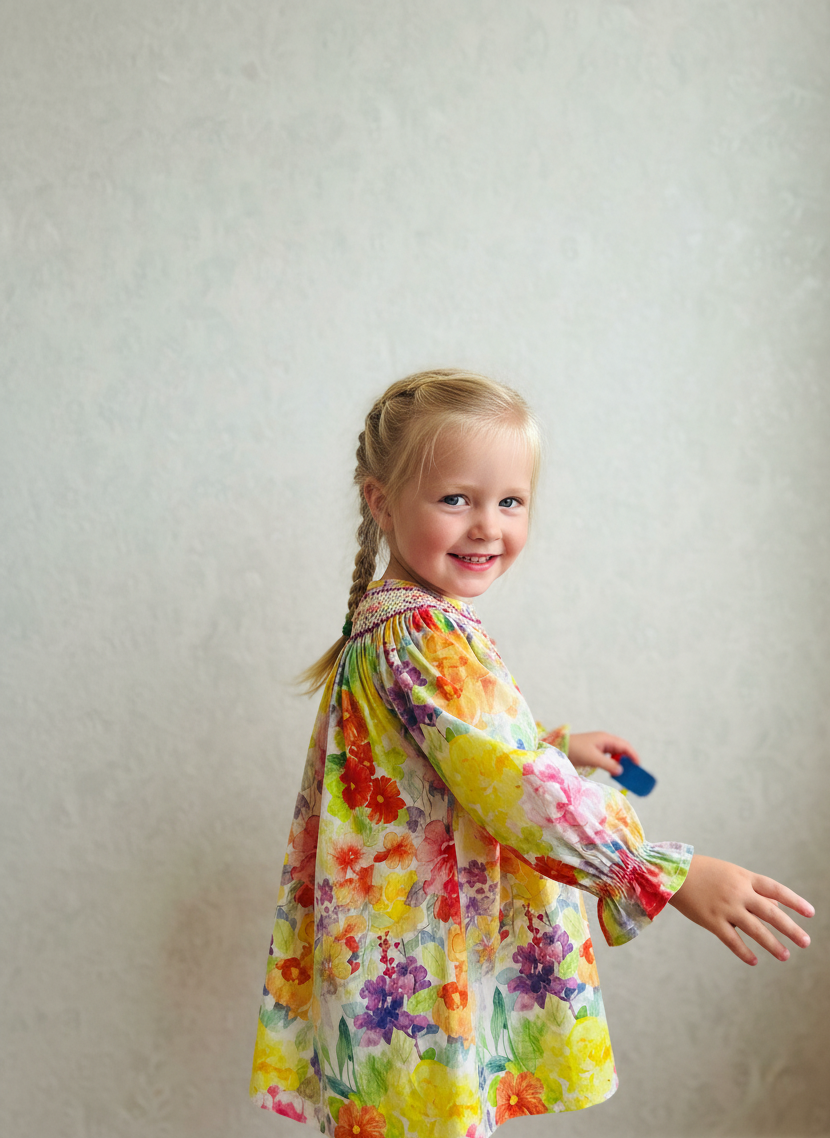 Sunlit Garden Smocked Dress – Hand Embroidered