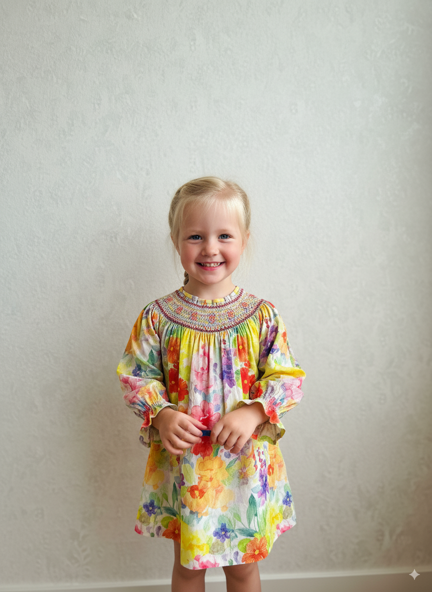 Sunlit Garden Smocked Dress – Hand Embroidered
