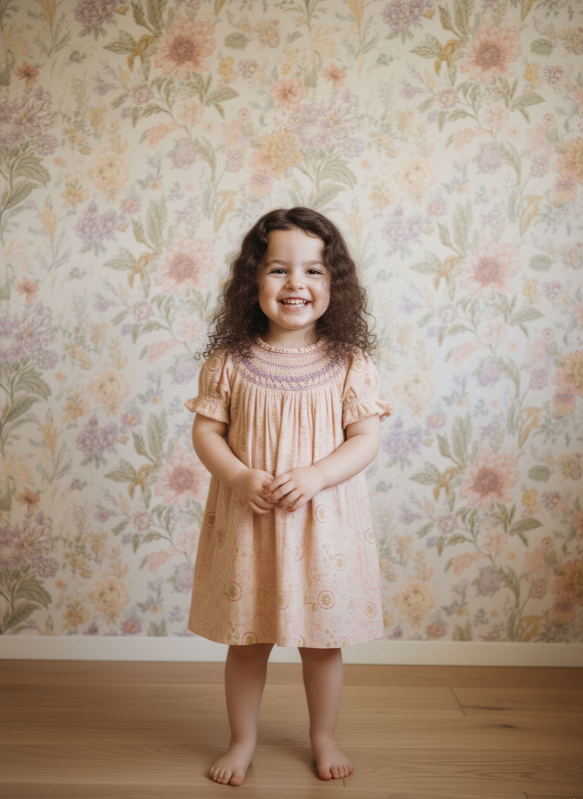 Peach Blossom Smocked Dress – Hand Embroidered