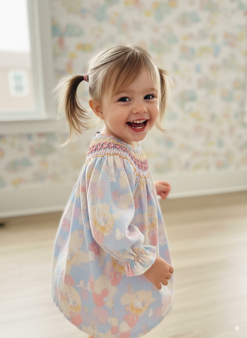 Moonlit Bear Smocked Dress – Hand Embroidered