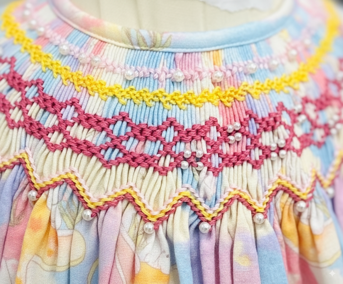 Moonlit Bear Smocked Dress – Hand Embroidered