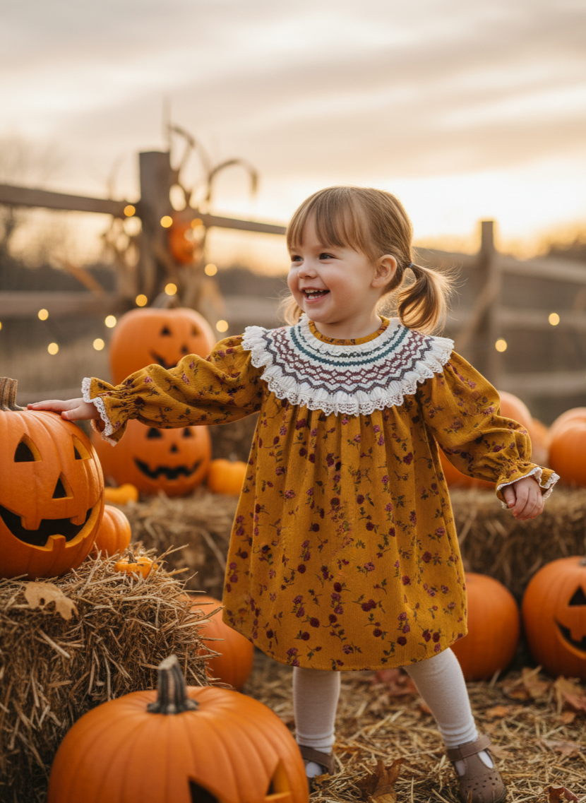 Pumpkin Spice Smocked Dress – Hand Embroidered