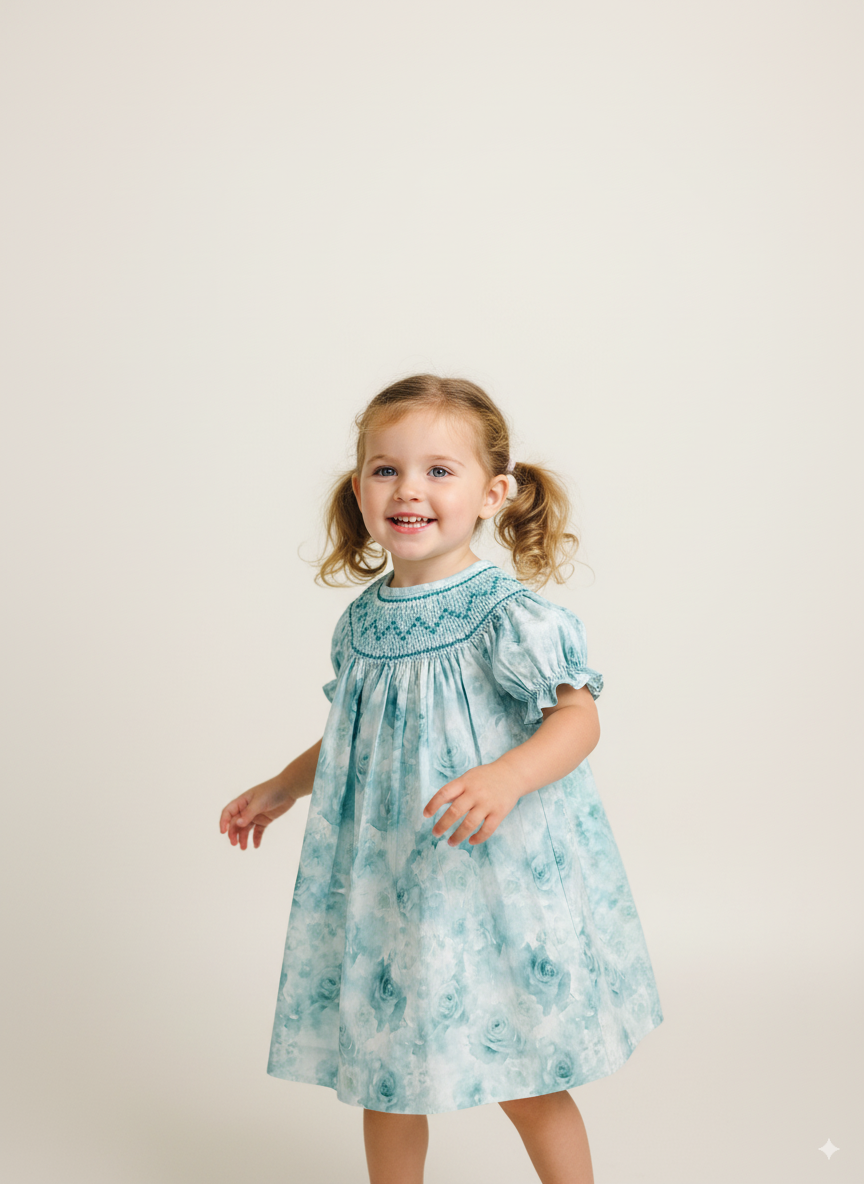 Seafoam Roses Smocked Dress – Hand Embroidered