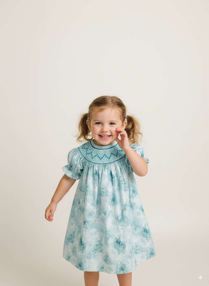 Seafoam Roses Smocked Dress – Hand Embroidered
