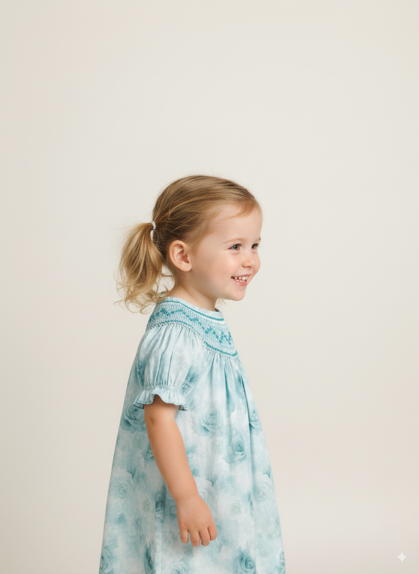 Seafoam Roses Smocked Dress – Hand Embroidered