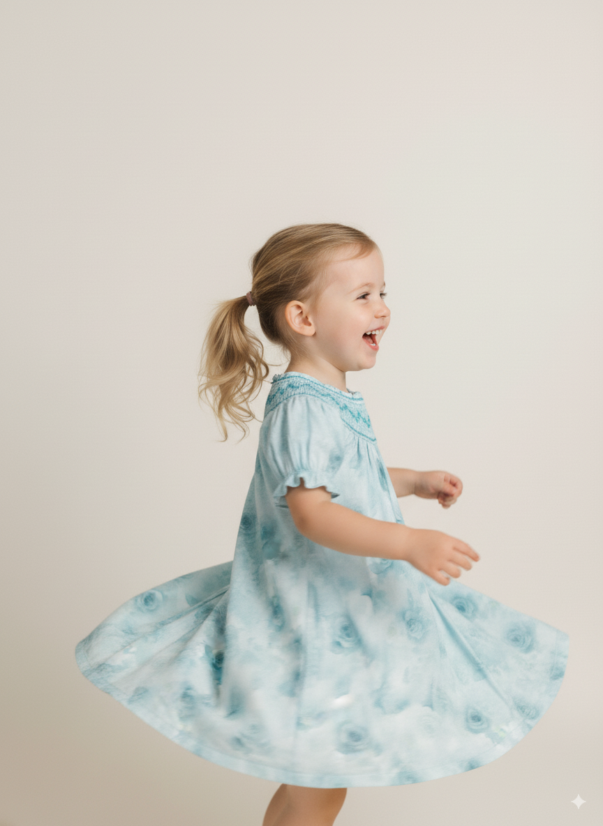 Seafoam Roses Smocked Dress – Hand Embroidered