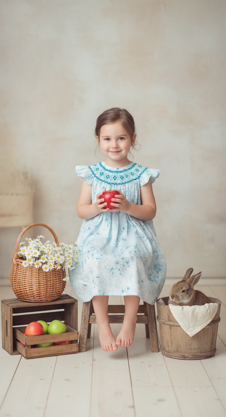 Hand-Embroidered Smocked Dress – Blue Floral