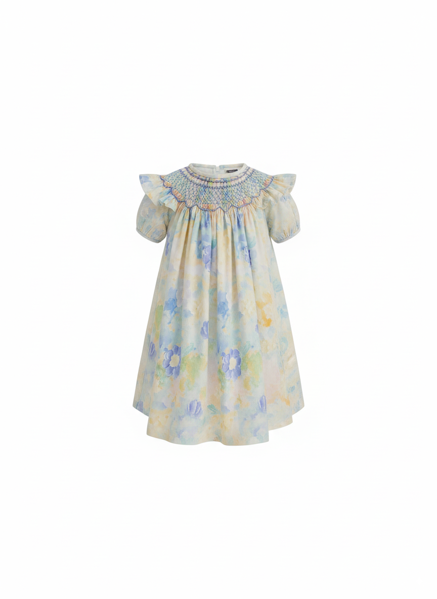 Hand-Embroidered Smocked Dress – Pastel Meadow