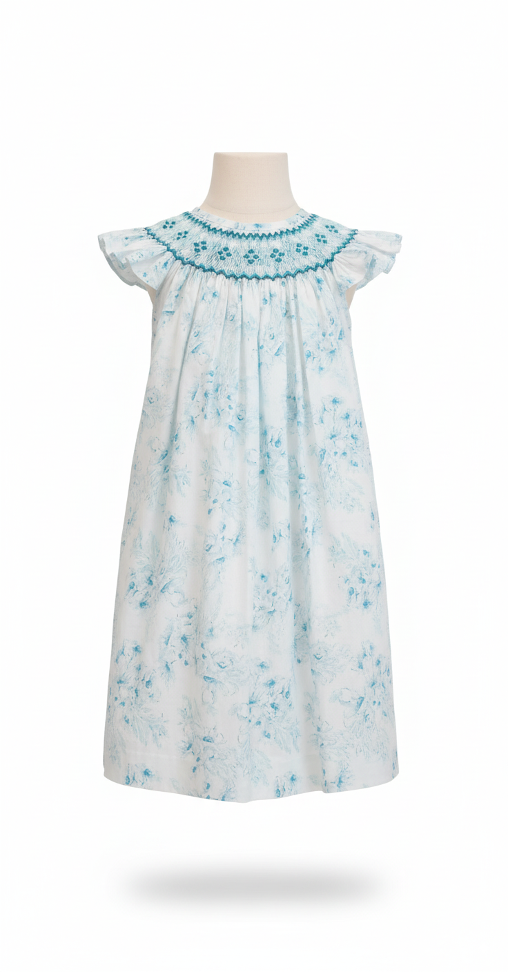 Hand-Embroidered Smocked Dress – Blue Floral