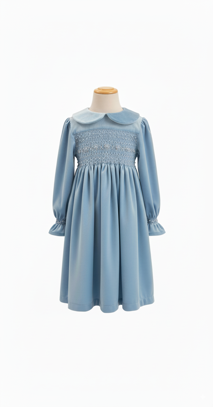 Hand-Embroidered Corduroy Smocked Dress – Powder Blue