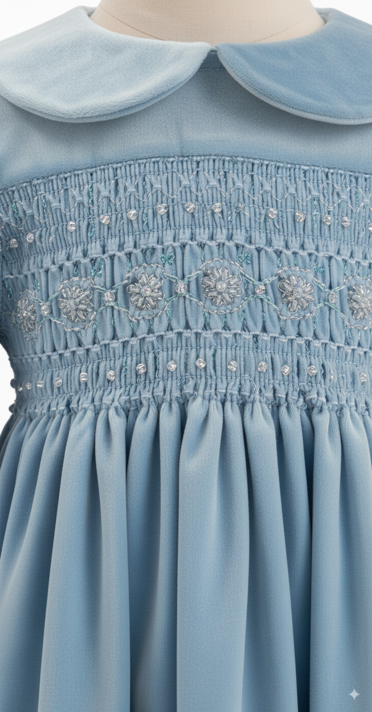 Hand-Embroidered Corduroy Smocked Dress – Powder Blue
