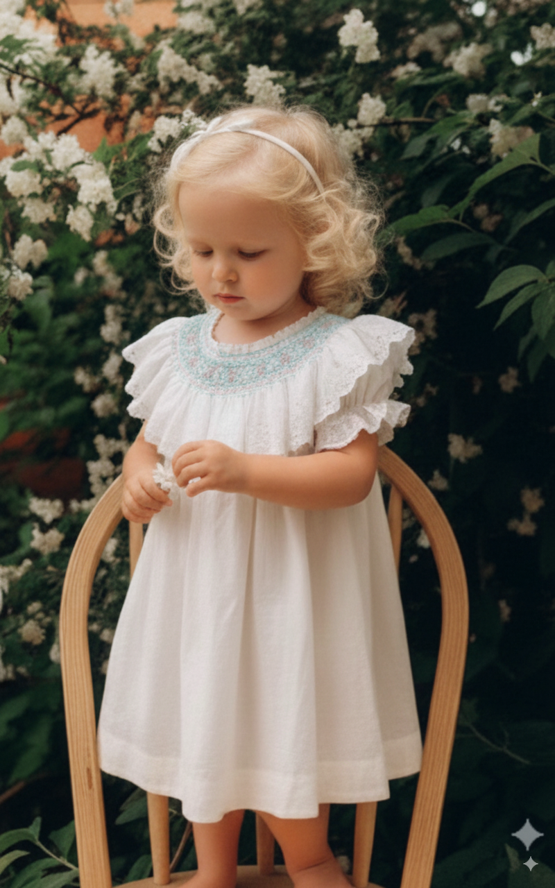 Hand-Smocked Embroidered White Dress