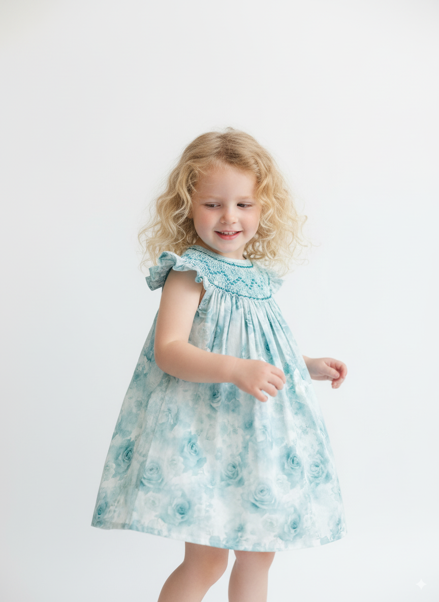 Ocean Bloom Smocked Dress – Hand Embroidered