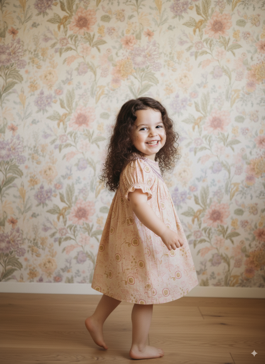 Peach Blossom Smocked Dress – Hand Embroidered
