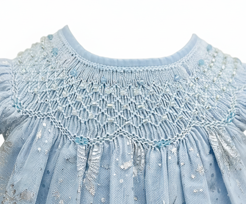 Snowflake Waltz Smocked Dress – Hand Embroidered
