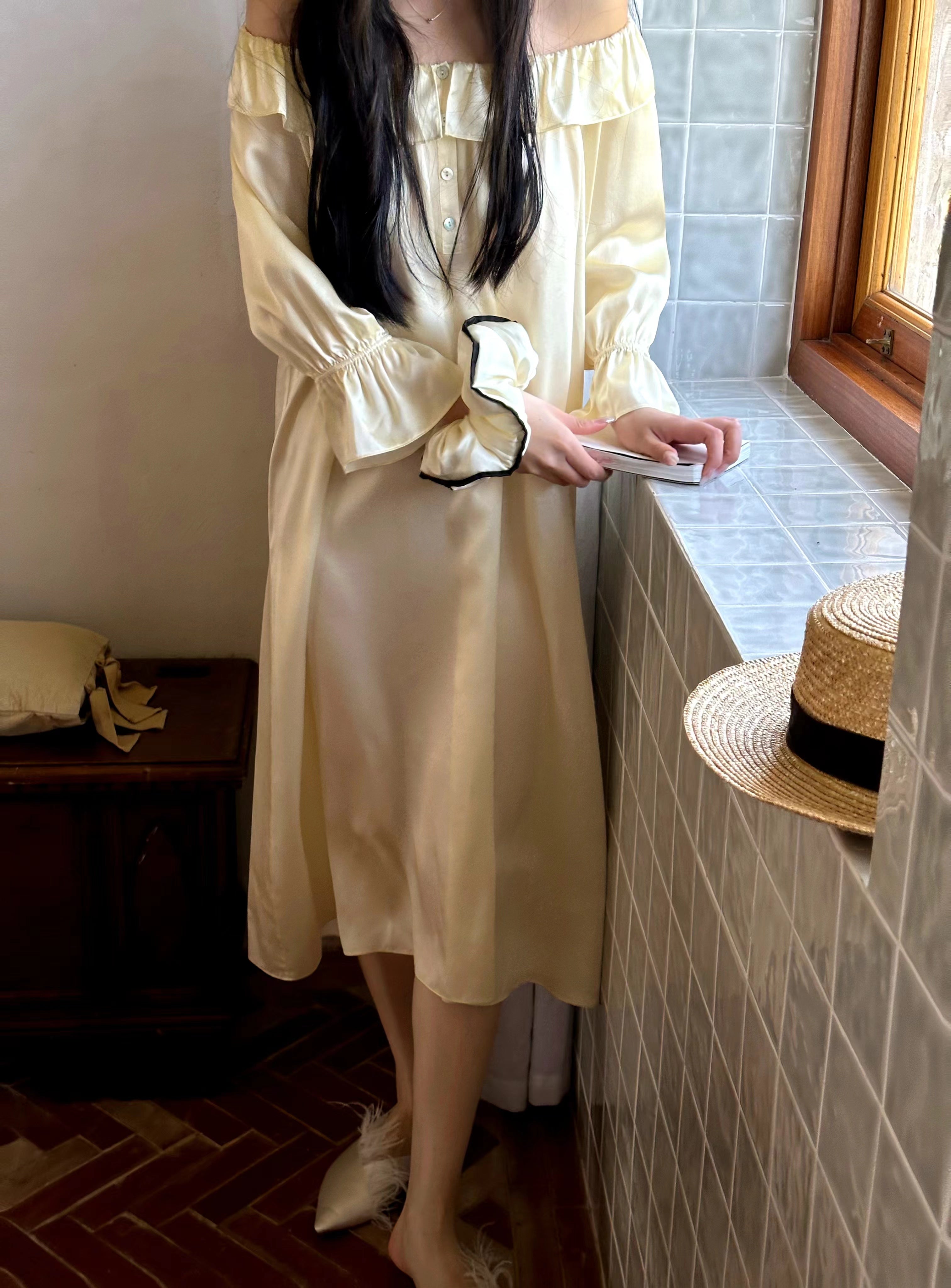 Champagne Beige Off-Shoulder Mulberry Silk Nightgown image 4