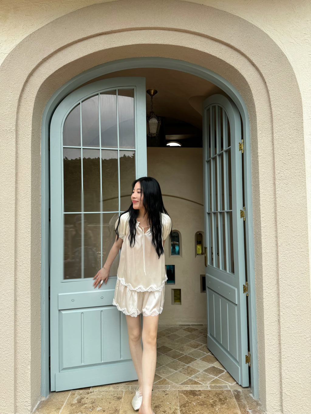 White Mulberry Silk Lace Pajama Set with Puff Sleeves image 5