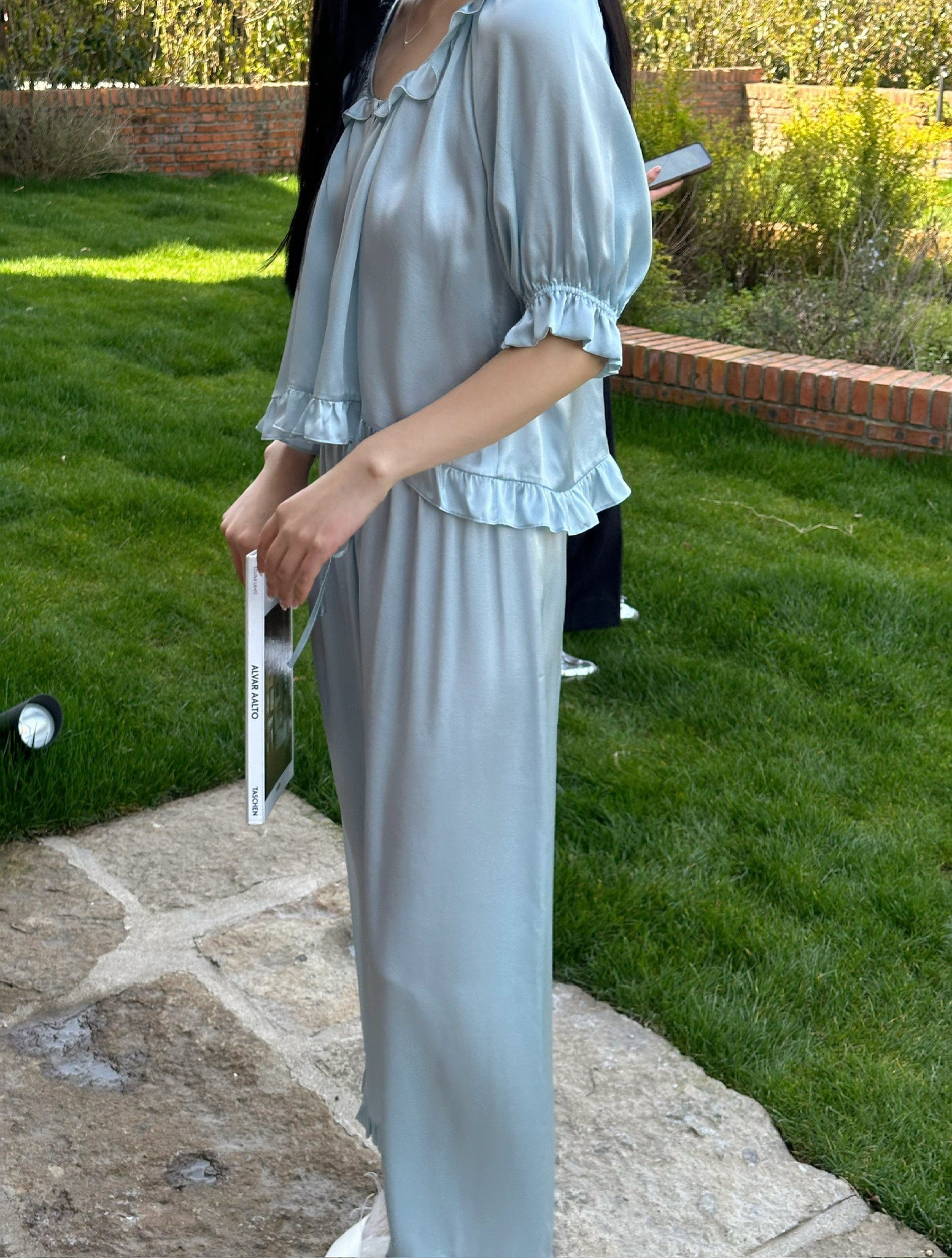Light Blue Short-Sleeve Mulberry Silk Pajama Set image 1