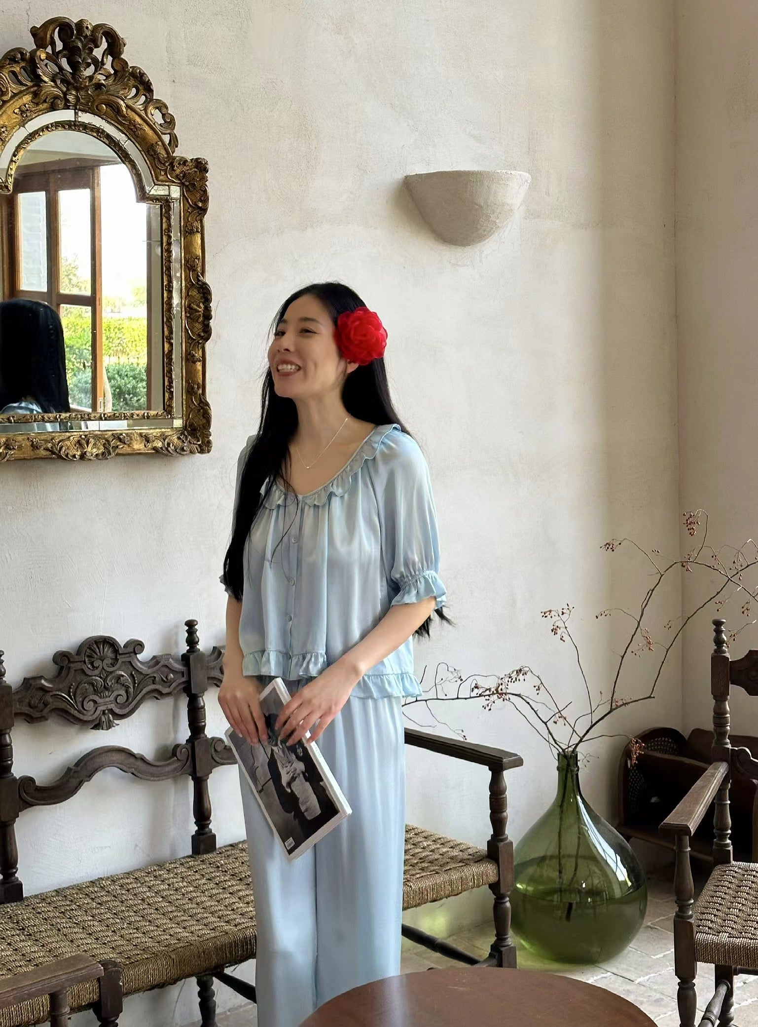 Light Blue Short-Sleeve Mulberry Silk Pajama Set image 4