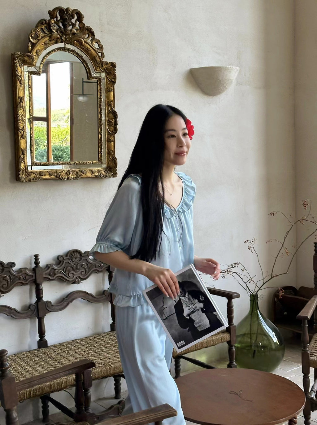 Light Blue Short-Sleeve Mulberry Silk Pajama Set image 5