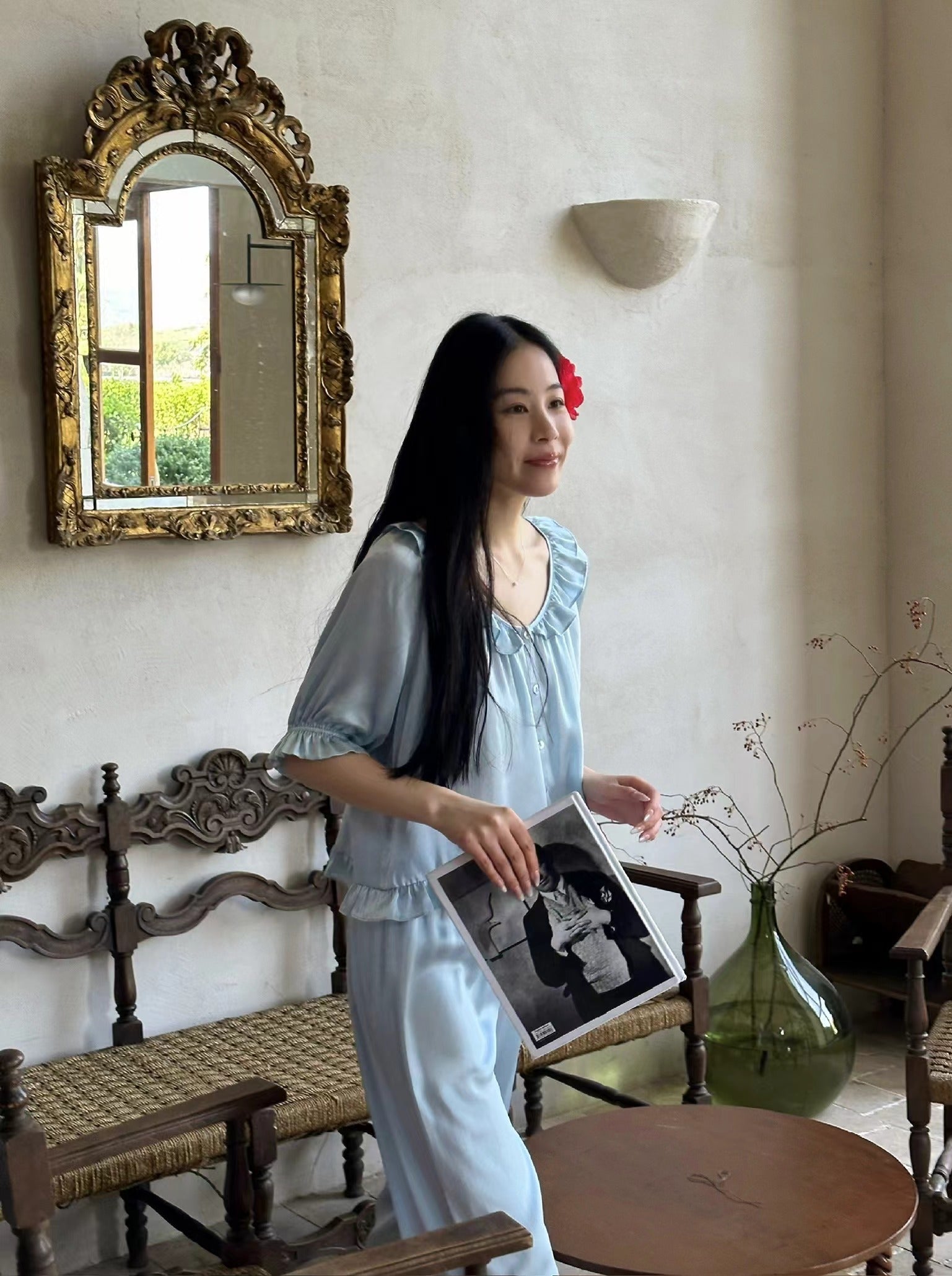 Light Blue Short-Sleeve Mulberry Silk Pajama Set image 5