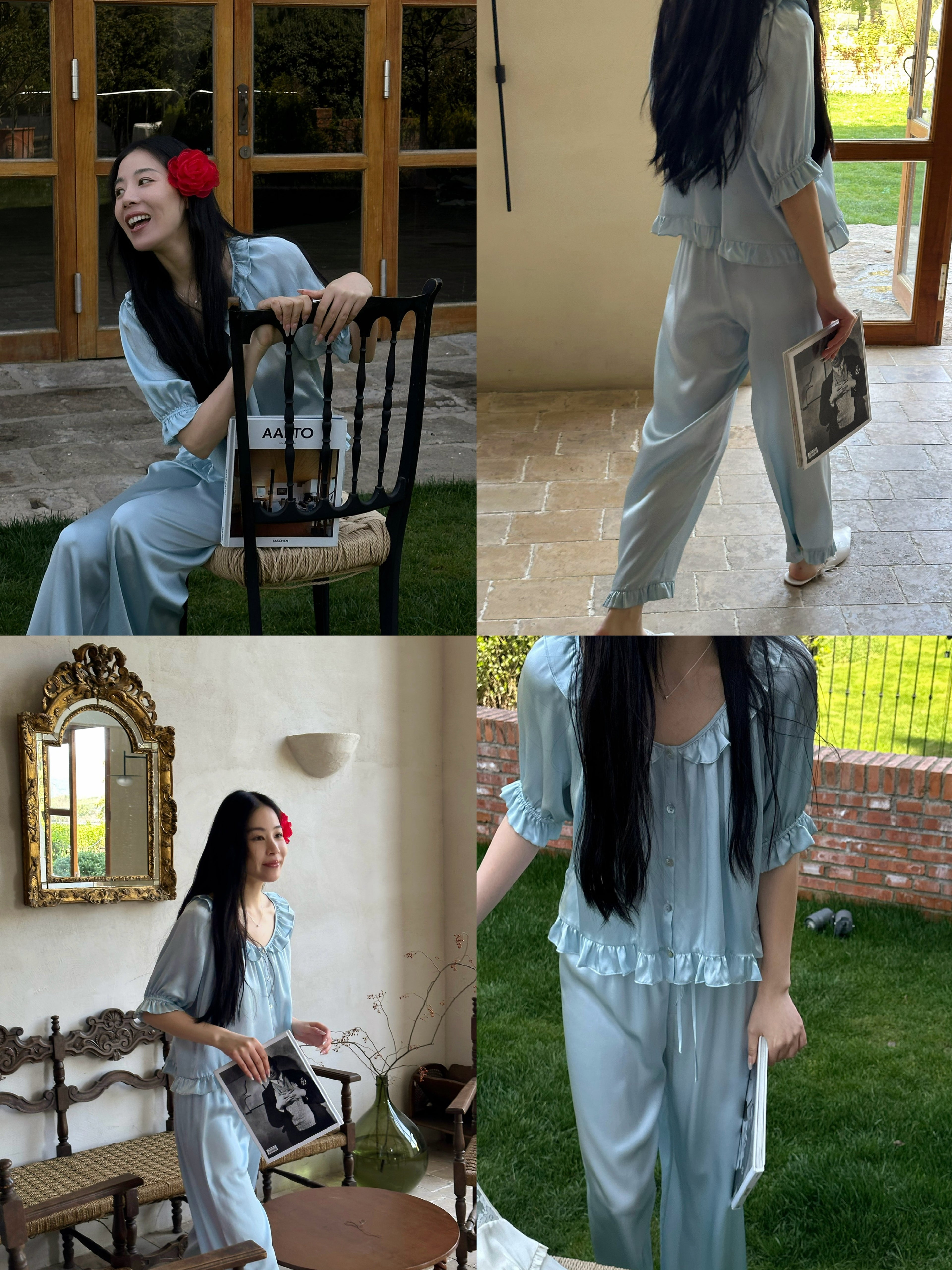 Light Blue Short-Sleeve Mulberry Silk Pajama Set image 6