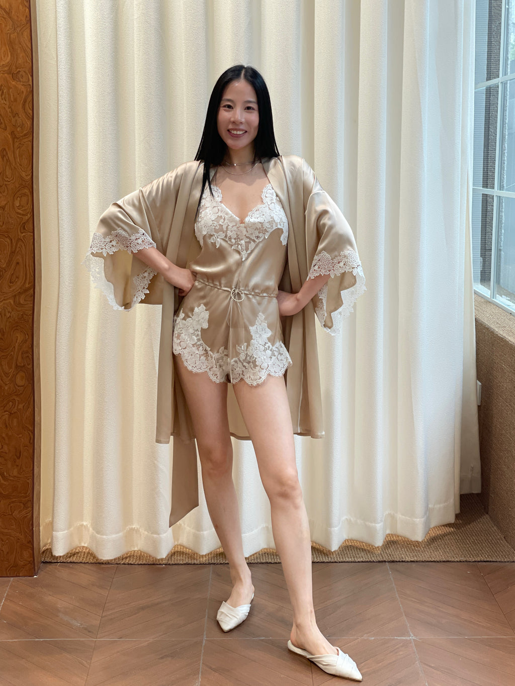 Champagne Lace Mulberry Silk Camisole and Shorts Three-Piece Set image 1