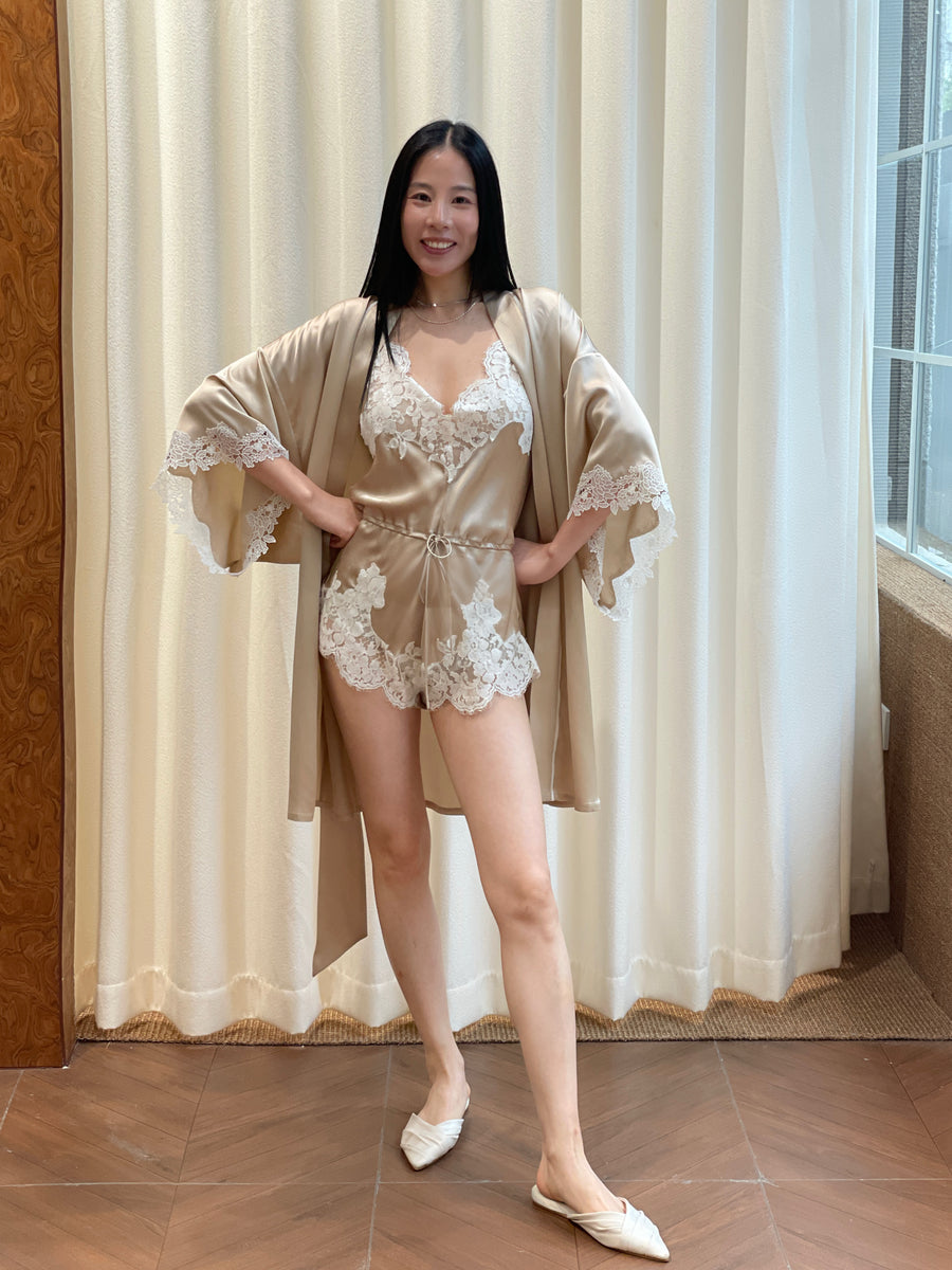 Champagne Lace Mulberry Silk Camisole and Shorts Three-Piece Set