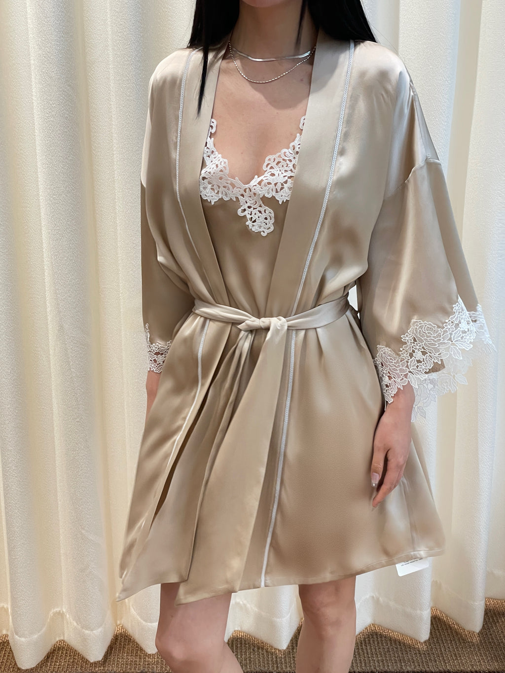 Champagne Lace Mulberry Silk Camisole and Shorts Three-Piece Set image 8