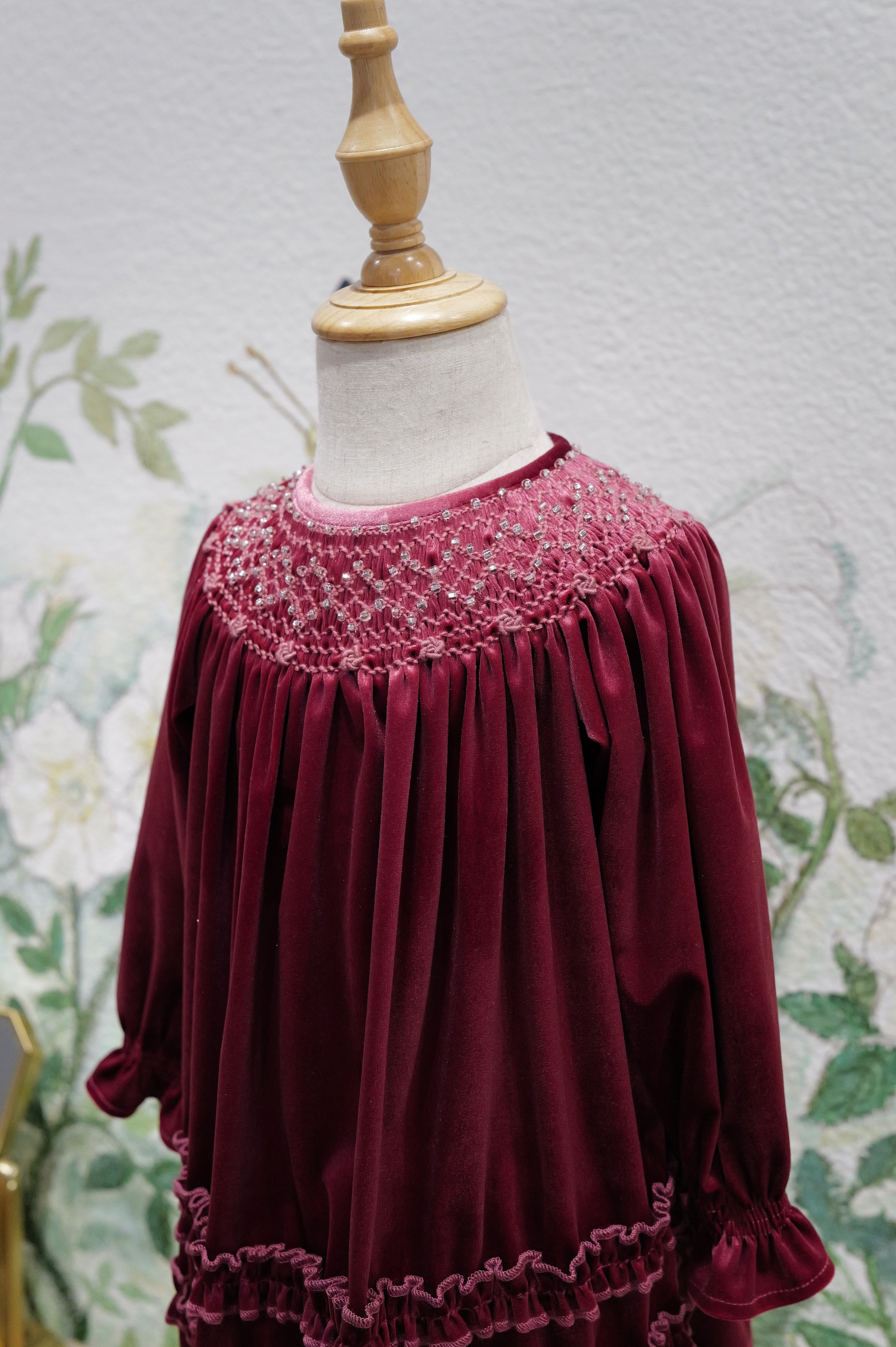 Girls' Smocked Dress with Hand-Embroidered Bullion Roses