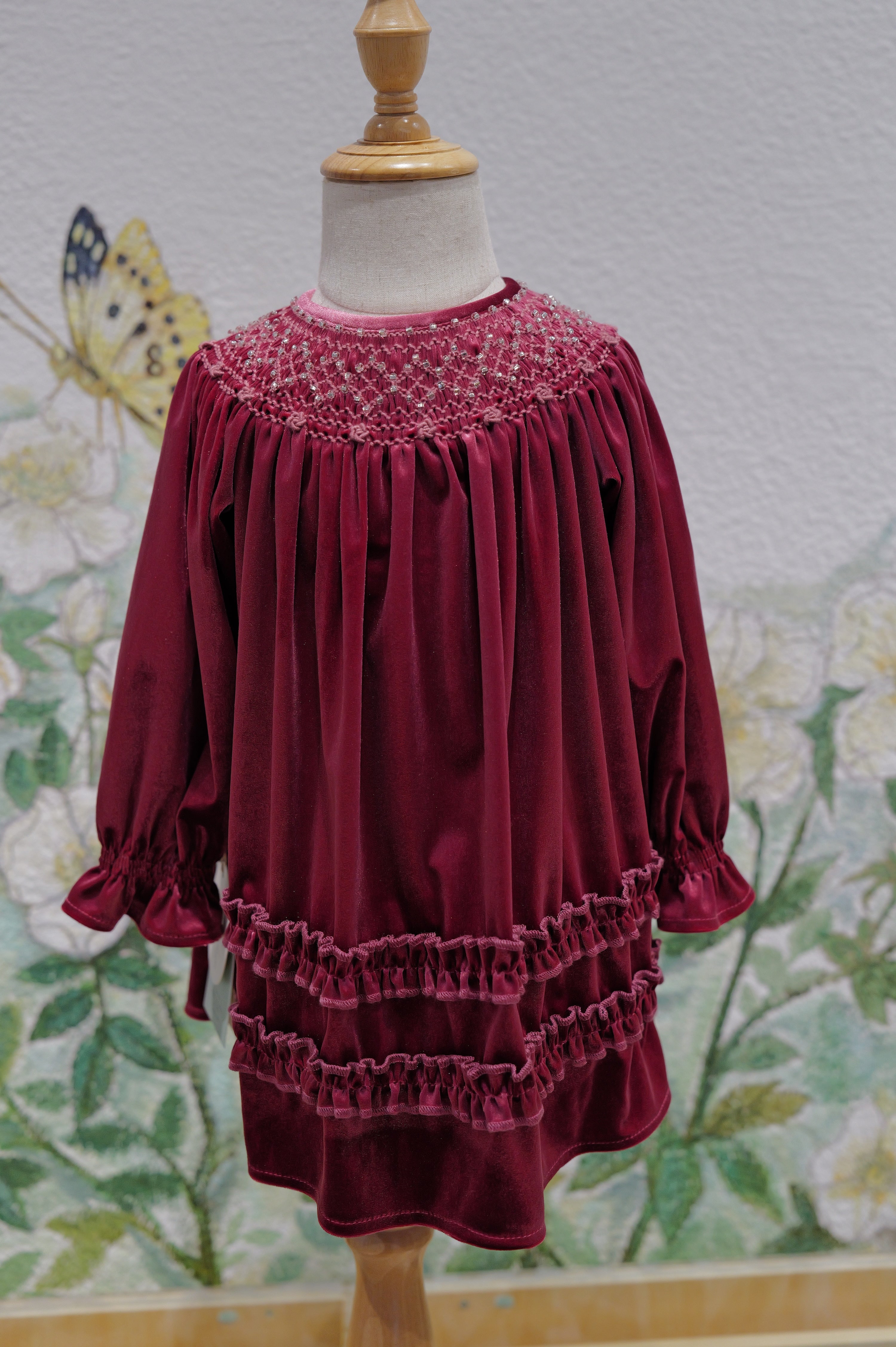 Girls' Smocked Dress with Hand-Embroidered Bullion Roses